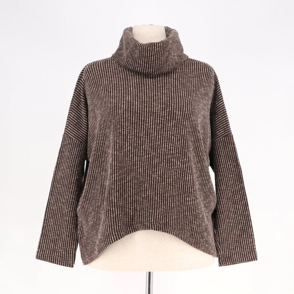 CLARA SUNWOO Textured Knit Striped Stretch Turtleneck Sweater Brown Size L - Picture 1 of 7